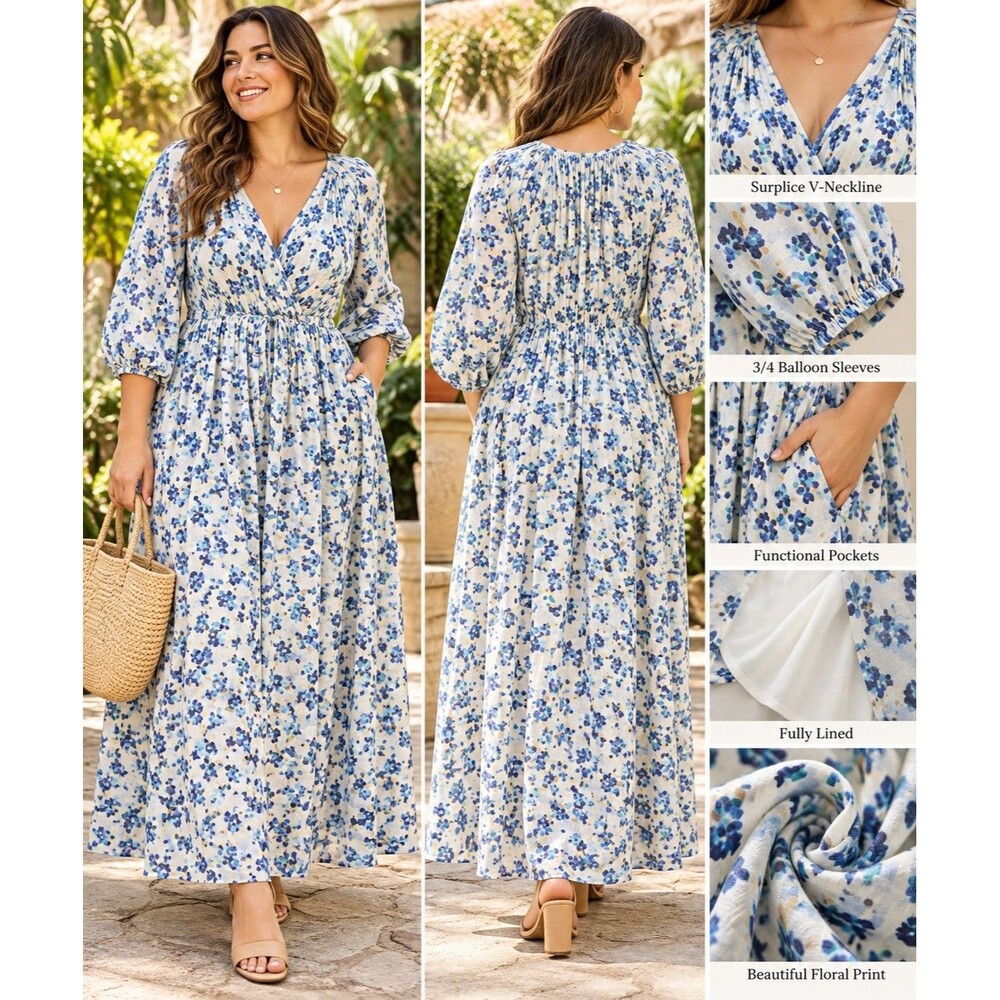 Lane Bryant Women 16 Blue Floral Maxi Dress Lined Pockets Boho Romantic